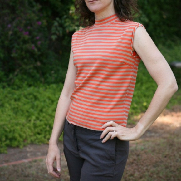VINTAGE 1960s Women's Sleeveless Stretchy Striped Coral Orange Top - Picture 3 of 8